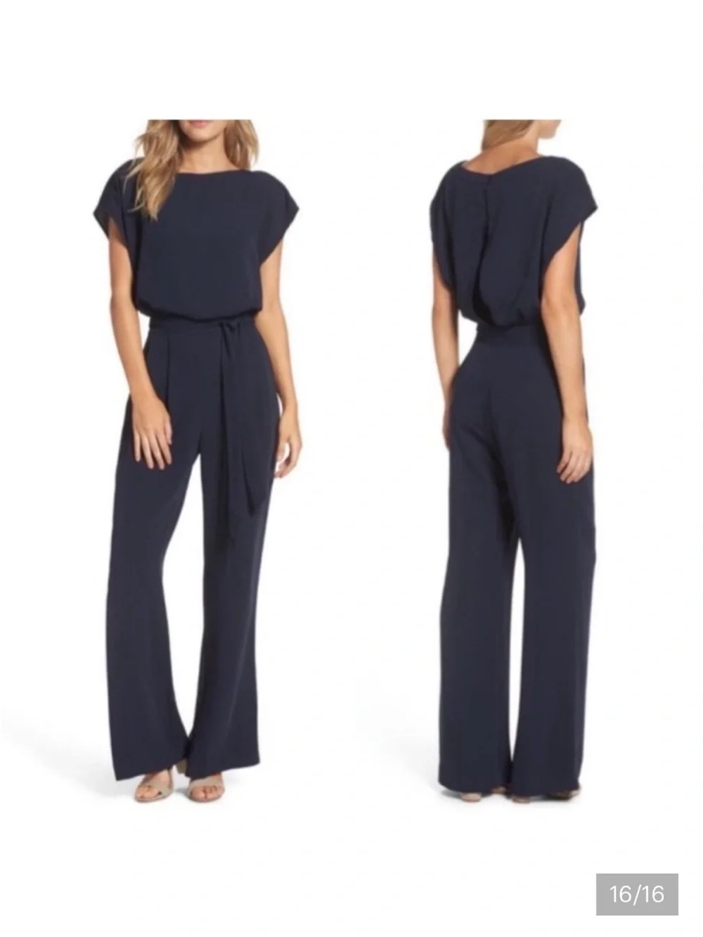 Eliza J navy blue cap sleeve belted jumpsuit size 8 - Picture 16 of 16
